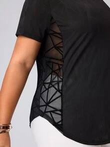 SHEIN Rhythm Era 女款大尺碼網布拼接運動T恤 - 黑色 - 查看 6