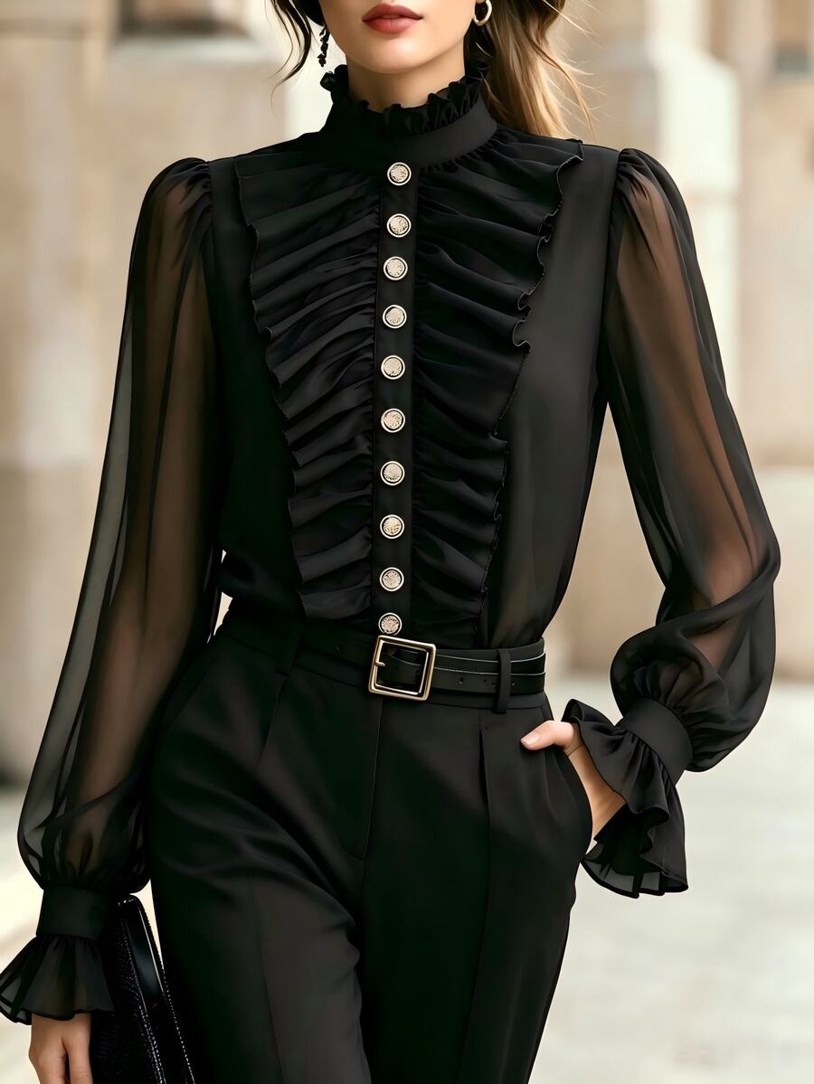 SHEIN LUNE Women's Casual Versatile Elegant Loose Chiffon Sheer Long Sleeve Shirt With Ruffle Trim, Small Stand Collar, Button Placket, Ruffle Cuffs, Black, Autumn/Winter - Black - View 1