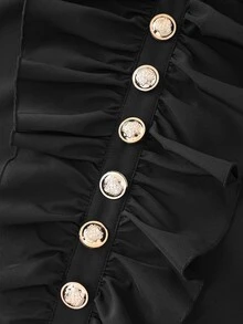 SHEIN LUNE Women's Casual Versatile Elegant Loose Chiffon Sheer Long Sleeve Shirt With Ruffle Trim, Small Stand Collar, Button Placket, Ruffle Cuffs, Black, Autumn/Winter - Black - View 6