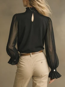 SHEIN LUNE Women's Casual Versatile Elegant Loose Chiffon Sheer Long Sleeve Shirt With Ruffle Trim, Small Stand Collar, Button Placket, Ruffle Cuffs, Black, Autumn/Winter - Black - View 2
