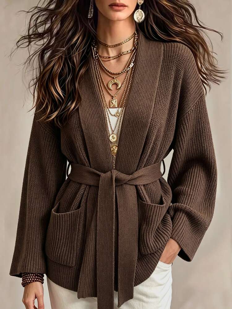 SHEIN Women's Vintage Elegant Pocket Long Sleeve Knit Cardigan - Coffee Brown - View 4