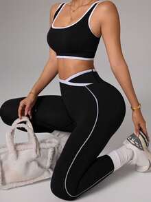 SHEIN Rhythm Era 大尺碼女款拼色背心短版上衣與貼身長褲運動套裝 - 黑色 - 查看 8