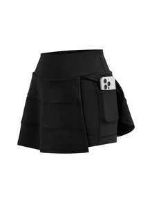 SHEIN Cheerettes 女款黑色高腰側開衩內建短褲口袋包容性剪裁彈性收腹防透深蹲健身運動瑜珈四季通用裙 - 黑色 - 查看 7