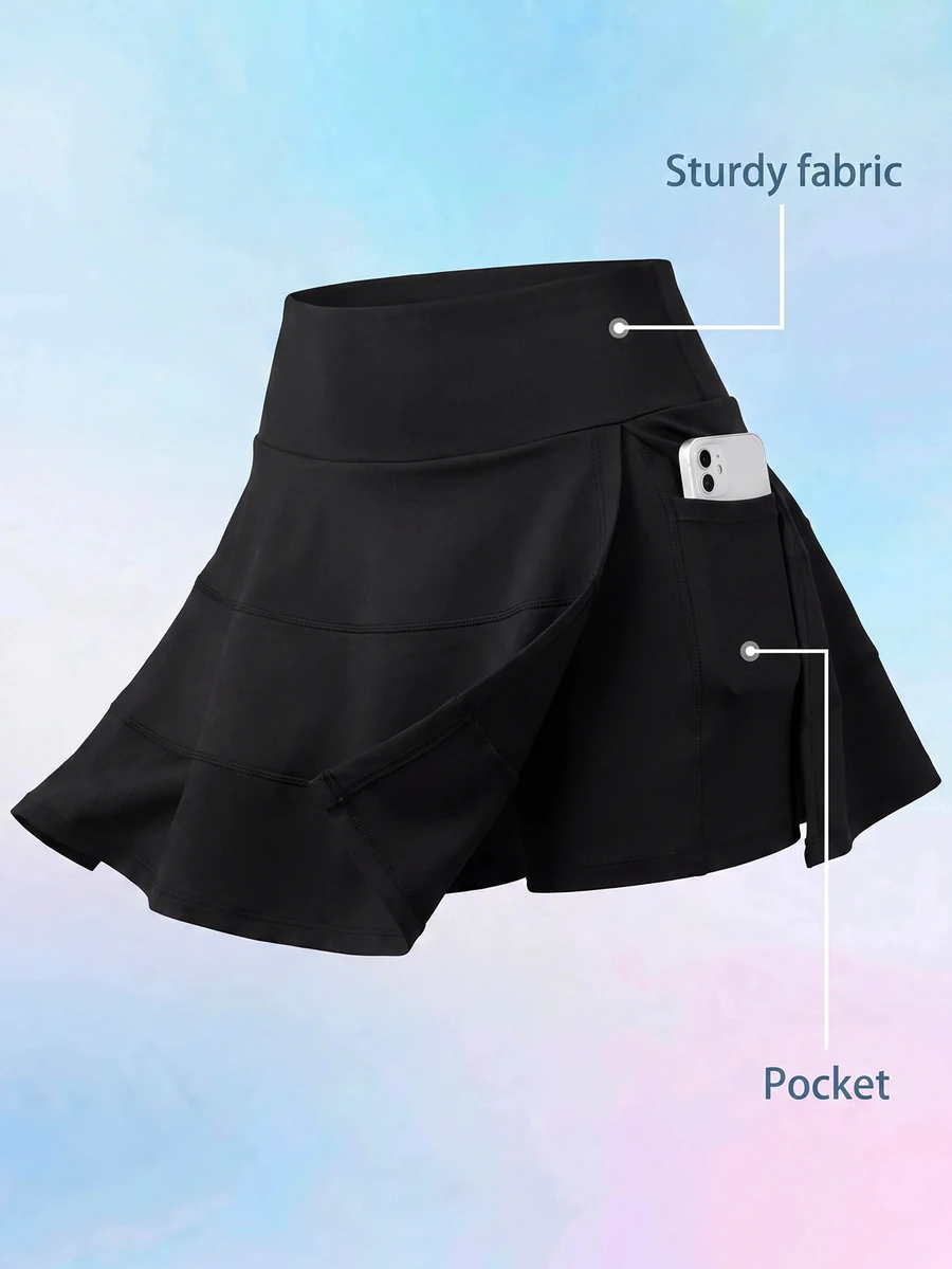 SHEIN Cheerettes 女款黑色高腰側開衩內建短褲口袋包容性剪裁彈性收腹防透深蹲健身運動瑜珈四季通用裙 - 黑色 - 查看 1
