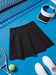 SHEIN Cheerettes 女款黑色高腰側開衩內建短褲口袋包容性剪裁彈性收腹防透深蹲健身運動瑜珈四季通用裙 - 黑色 - 查看 3