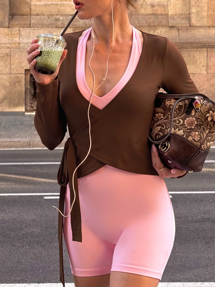 Sweetra 女款拼色長袖上衣與短褲休閒日常運動套裝 - 彩色 - 查看 3