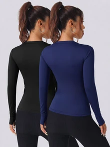 Velisys Velisys Atasan Olahraga Lengan Panjang Leher Bulat Slim Fit, Kaos Yoga dan Latihan yang Elastis dan Cepat Kering - MultiWarna - View 2