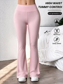 BamGleam Women's Solid Color High Waist Daily Fitness Sports Flare Leggings - Pink - View 5
