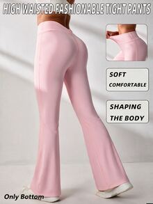 BamGleam Women's Solid Color High Waist Daily Fitness Sports Flare Leggings - Pink - View 2