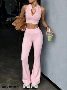 BamGleam Women's Solid Color High Waist Daily Fitness Sports Flare Leggings - Pink - View 1