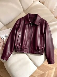 SHEIN Elladie kids Girls' Loose Black Fashion Street PU Leather Long Sleeve Thin Jacket, Cute, Casual, Comfortable, Daily, Fall, Vintage - Burgundy - View 5