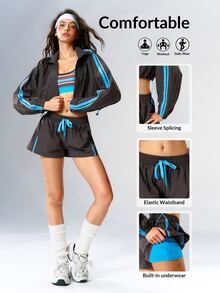 VARSIVA Women's Colorblock Long Sleeve Top And Shorts Casual Daily Sports Activewear Set - Multicolor - View 13