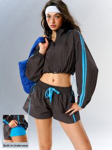 VARSIVA Women's Colorblock Long Sleeve Top And Shorts Casual Daily Sports Activewear Set - Multicolor - View 7
