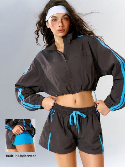 VARSIVA Women's Colorblock Long Sleeve Top And Shorts Casual Daily Sports Activewear Set