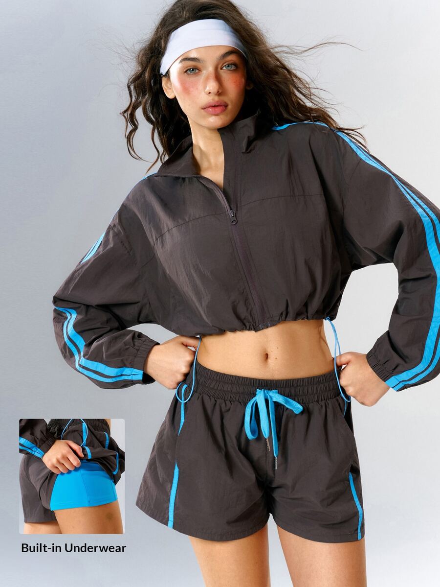 VARSIVA Women's Colorblock Long Sleeve Top And Shorts Casual Daily Sports Activewear Set