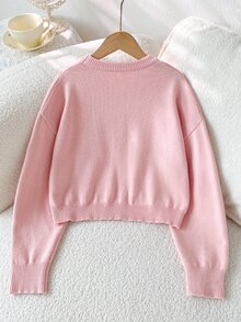 SHEIN 2026秋冬新款 8-12歲女童淺粉色圓領短版針織毛衣，奶油白3D粗繩蝴蝶結刺繡裝飾，落肩寬鬆長袖套頭衫，柔軟甜美內搭上衣，適合上學、出遊、拍照，春秋穿著 - 粉色 - 查看 3