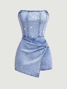 SHEIN Women's Solid Color Fashion Strapless Denim Jumpsuit - Blue - View 6
