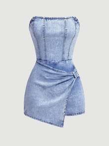 SHEIN Women's Solid Color Fashion Strapless Denim Jumpsuit - Blue - View 5