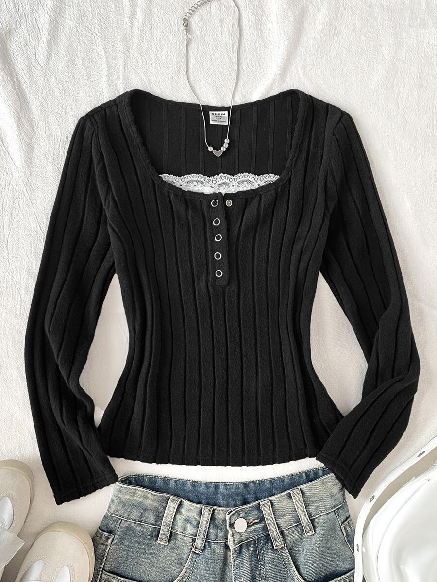 SHEIN 少女秋季/冬季休閒法式優雅黑色毛絨寬螺紋對比蕾絲 2 合 1 長袖 T 恤,適合秋季出遊、返校、日常穿著、秋冬層次穿搭/外套 - 黑色 - 查看 1