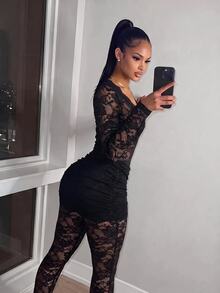Amplova Jumpsuit Wanita Seksi Transparan Berbahan Renda yang Pas di Badan - Hitam - View 5