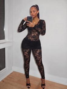 Amplova Jumpsuit Wanita Seksi Transparan Berbahan Renda yang Pas di Badan - Hitam - View 6