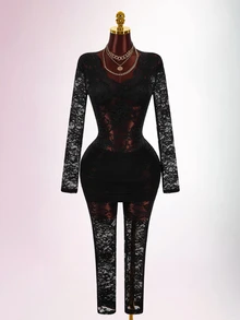 Amplova Jumpsuit Wanita Seksi Transparan Berbahan Renda yang Pas di Badan - Hitam - View 7