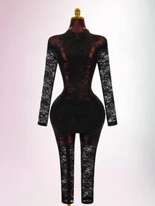 Amplova Jumpsuit Wanita Seksi Transparan Berbahan Renda yang Pas di Badan - Hitam - View 11