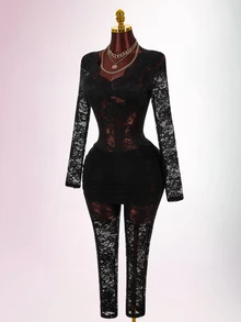 Amplova Jumpsuit Wanita Seksi Transparan Berbahan Renda yang Pas di Badan - Hitam - View 8