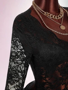 Amplova Jumpsuit Wanita Seksi Transparan Berbahan Renda yang Pas di Badan - Hitam - View 13