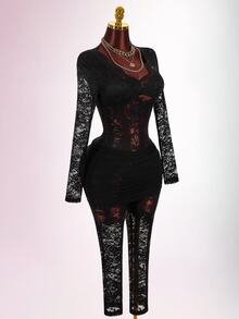 Amplova Jumpsuit Wanita Seksi Transparan Berbahan Renda yang Pas di Badan - Hitam - View 14