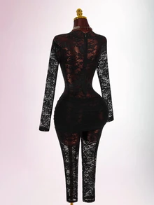 Amplova Jumpsuit Wanita Seksi Transparan Berbahan Renda yang Pas di Badan - Hitam - View 10