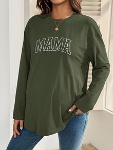 秋季孕妇休闲字母印花哺乳上衣 - 軍綠色 - 查看 3