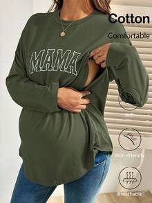 秋季孕妇休闲字母印花哺乳上衣 - 軍綠色 - 查看 2