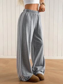 SHEIN EZwear 休閒運動休閒風寬鬆灰色針織女款運動長褲 健身房 機場 夏季 慢跑 - 淺灰色 - 查看 4