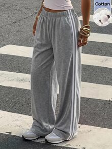 SHEIN EZwear 休閒運動休閒風寬鬆灰色針織女款運動長褲 健身房 機場 夏季 慢跑 - 淺灰色 - 查看 1