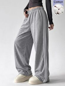 SHEIN EZwear 休閒運動休閒風寬鬆灰色針織女款運動長褲 健身房 機場 夏季 慢跑 - 淺灰色 - 查看 9