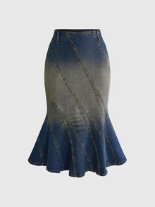 ROMWE Fall/Winter Y2K Street Casual Vintage Faded Washed Bodycon Asymmetric Cut Split Line Women's Denim Skirt - Dark Wash - View 2