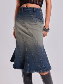 ROMWE Fall/Winter Y2K Street Casual Vintage Faded Washed Bodycon Asymmetric Cut Split Line Women's Denim Skirt - Dark Wash - View 8