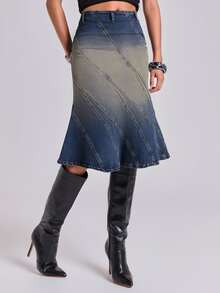 ROMWE Fall/Winter Y2K Street Casual Vintage Faded Washed Bodycon Asymmetric Cut Split Line Women's Denim Skirt - Dark Wash - View 6