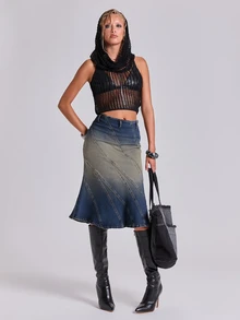 ROMWE Fall/Winter Y2K Street Casual Vintage Faded Washed Bodycon Asymmetric Cut Split Line Women's Denim Skirt - Dark Wash - View 3
