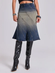 ROMWE Fall/Winter Y2K Street Casual Vintage Faded Washed Bodycon Asymmetric Cut Split Line Women's Denim Skirt - Dark Wash - View 5
