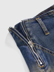 ROMWE Fall/Winter Y2K Street Casual Vintage Faded Washed Bodycon Asymmetric Cut Split Line Women's Denim Skirt - Dark Wash - View 10