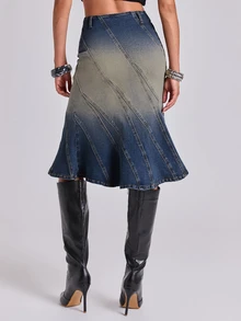 ROMWE Fall/Winter Y2K Street Casual Vintage Faded Washed Bodycon Asymmetric Cut Split Line Women's Denim Skirt - Dark Wash - View 1