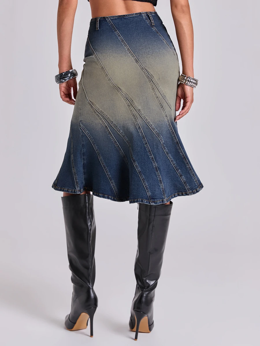 ROMWE Fall/Winter Y2K Street Casual Vintage Faded Washed Bodycon Asymmetric Cut Split Line Women's Denim Skirt - Dark Wash - View 1
