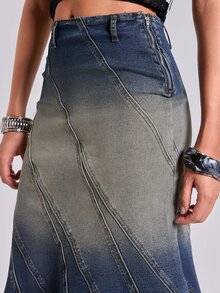 ROMWE Fall/Winter Y2K Street Casual Vintage Faded Washed Bodycon Asymmetric Cut Split Line Women's Denim Skirt - Dark Wash - View 9