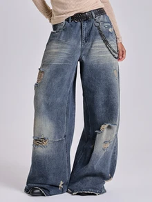 ROMWE Y2K Wasteland Street Style Retro Nostalgic Ultra Low Waist Loose Distressed Denim Jeans - Blue - View 3