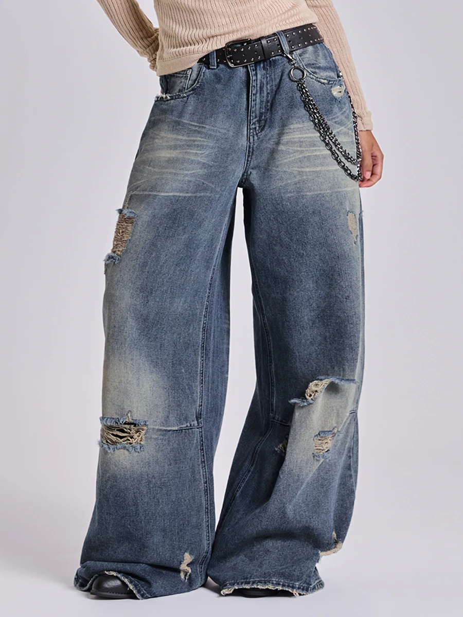 ROMWE Y2K Wasteland Street Style Retro Nostalgic Ultra Low Waist Loose Distressed Denim Jeans - Blue - View 1