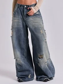 ROMWE Y2K Wasteland Street Style Retro Nostalgic Ultra Low Waist Loose Distressed Denim Jeans - Blue - View 5