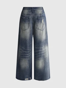 ROMWE Y2K Wasteland Street Style Retro Nostalgic Ultra Low Waist Loose Distressed Denim Jeans - Blue - View 9