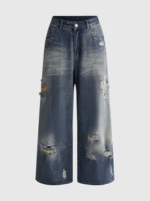 ROMWE Y2K Wasteland Street Style Retro Nostalgic Ultra Low Waist Loose Distressed Denim Jeans - Blue - View 8